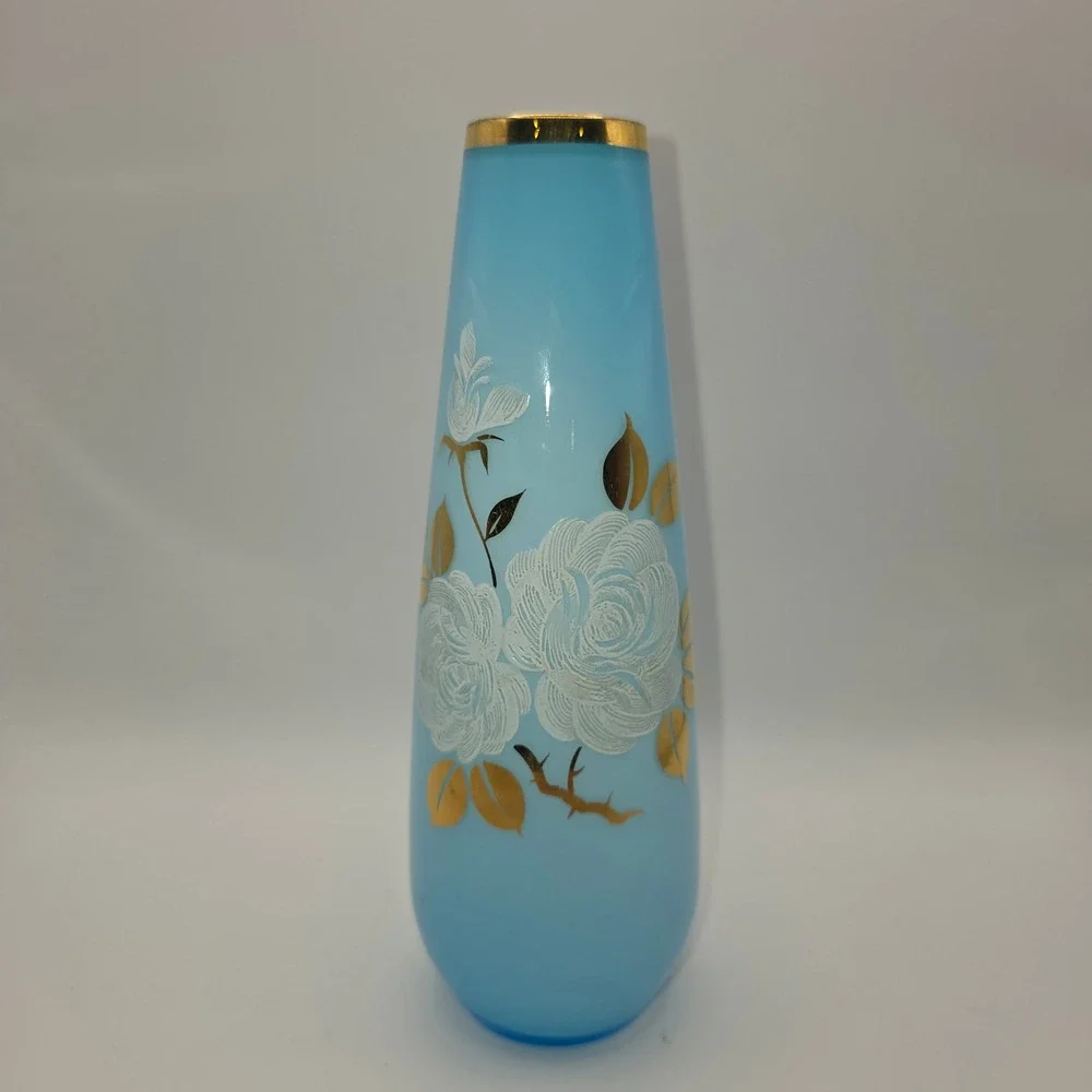 Vintage Satin Frosted Blue Glass Bud Vase White Rose Gold Leaf Floral MCM 10in